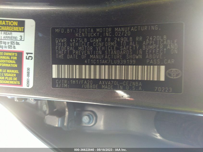 2020 TOYOTA CAMRY LE - 4T1C11AK7LU939199