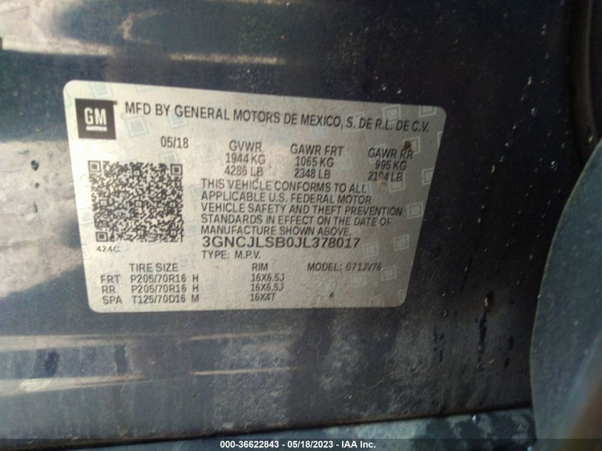 2018 CHEVROLET TRAX LT - 3GNCJLSB0JL378017