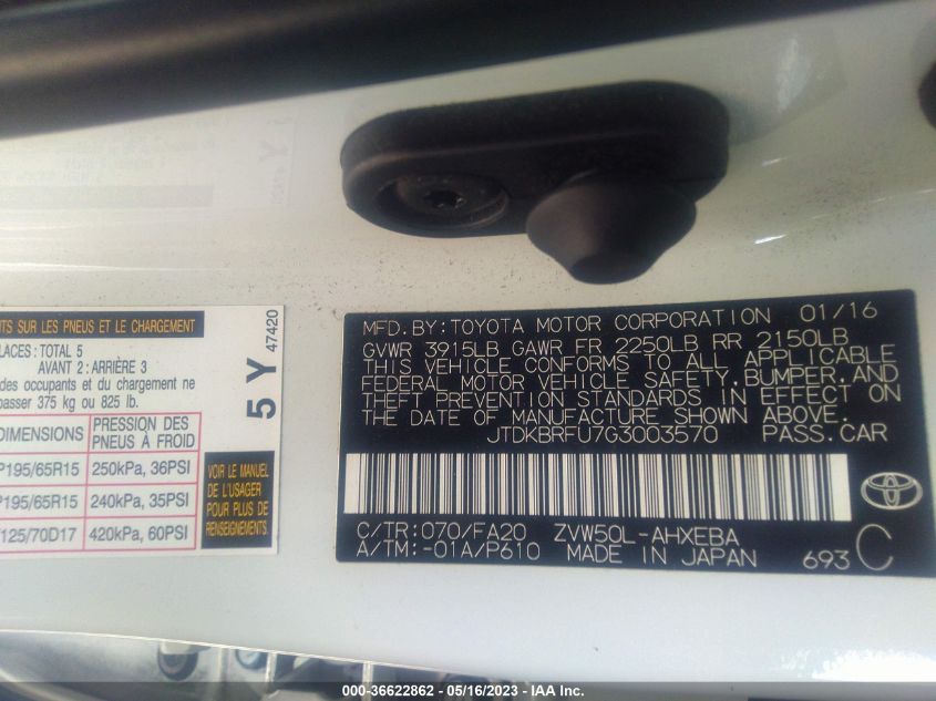 2016 TOYOTA PRIUS TWO - JTDKBRFU7G3003570