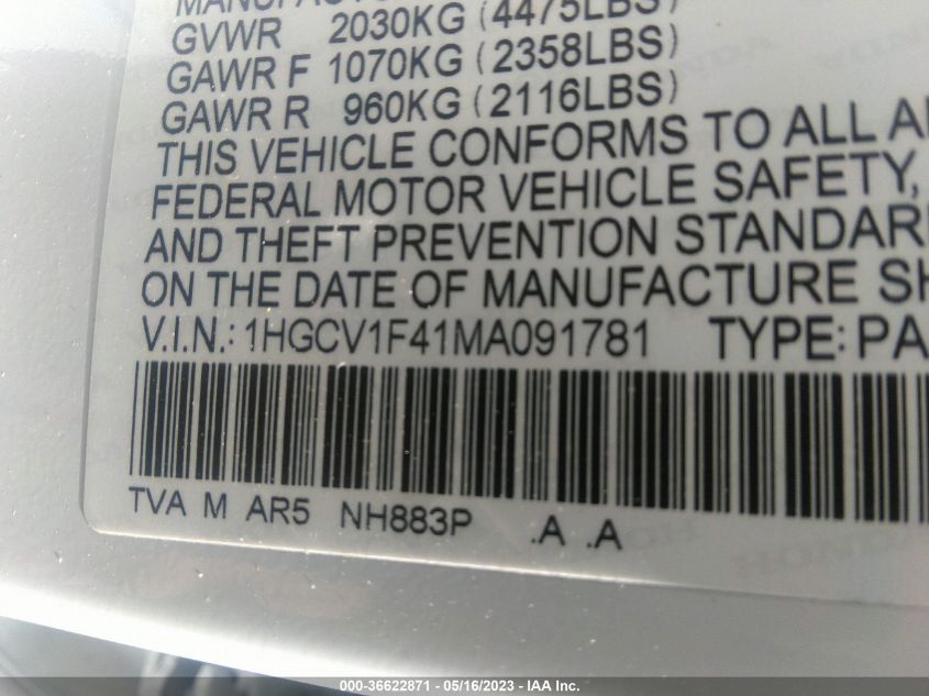 2021 HONDA ACCORD SEDAN SPORT SE - 1HGCV1F41MA091781