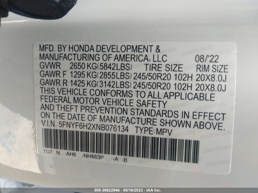 2022 HONDA PILOT SPECIAL EDITION - 5FNYF6H2XNB076134
