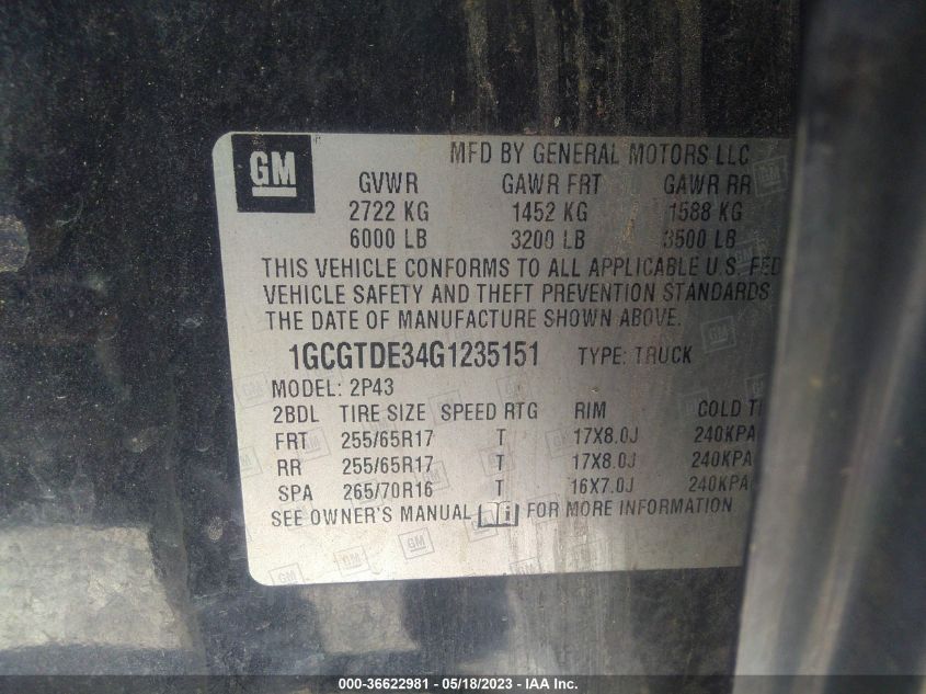 2016 CHEVROLET COLORADO 4WD Z71 - 1GCGTDE34G1235151
