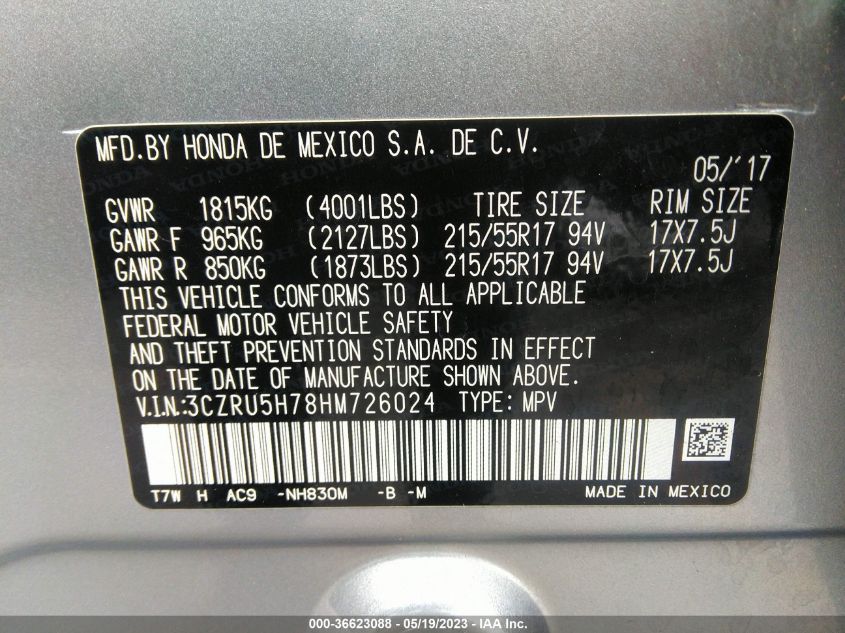 2017 HONDA HR-V EX-L NAVI - 3CZRU5H78HM726024