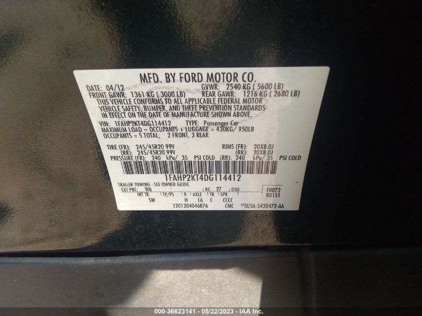 2013 FORD TAURUS SHO - 1FAHP2KT4DG114412