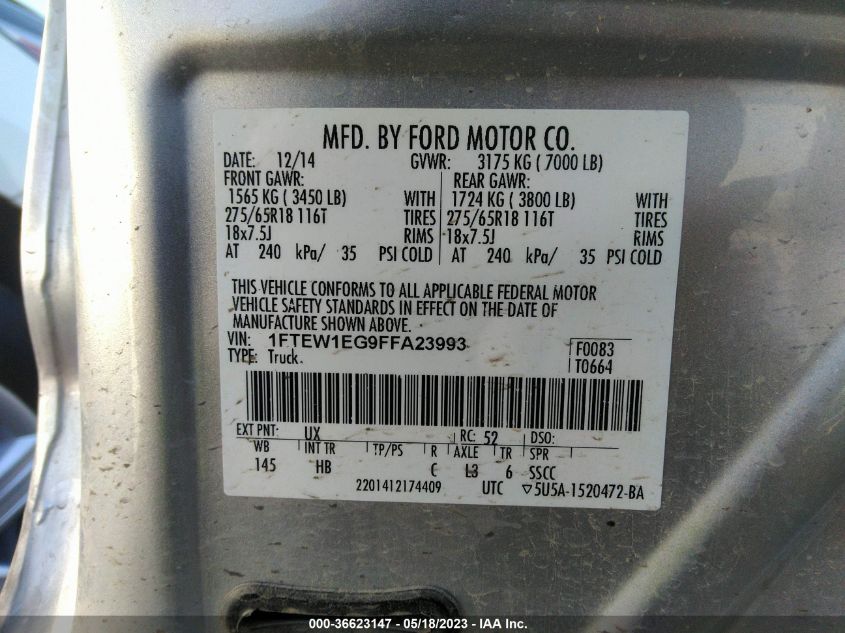 2015 FORD F-150 XLT/XL/LARIAT/PLATINUM - 1FTEW1EG9FFA23993