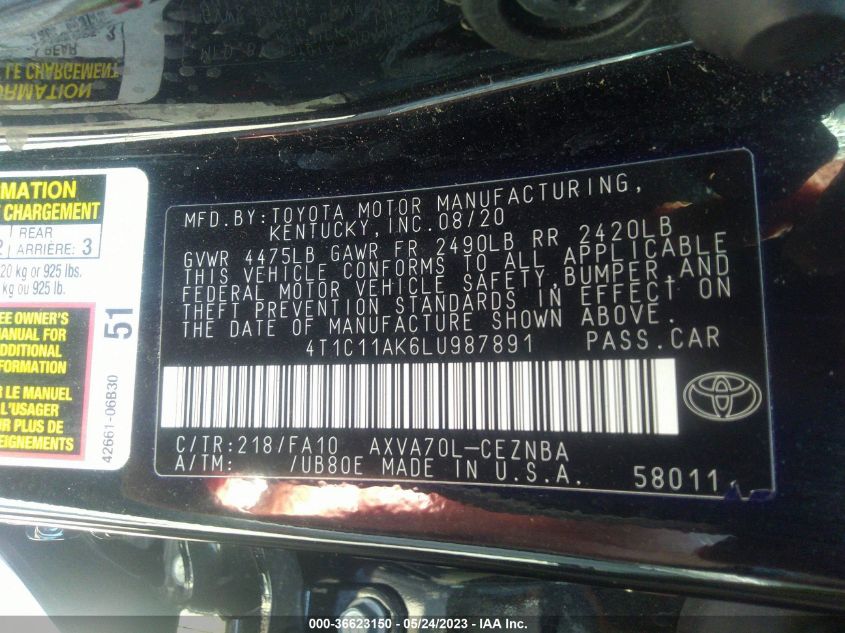 2020 TOYOTA CAMRY LE - 4T1C11AK6LU987891