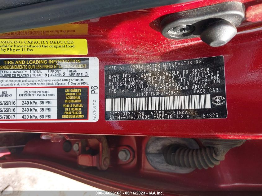 2017 TOYOTA CAMRY XLE/SE/LE/XSE - 4T1BF1FK0HU748057