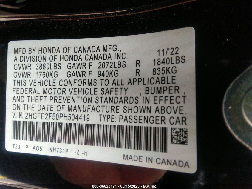 2023 HONDA CIVIC SEDAN SPORT - 2HGFE2F50PH504419