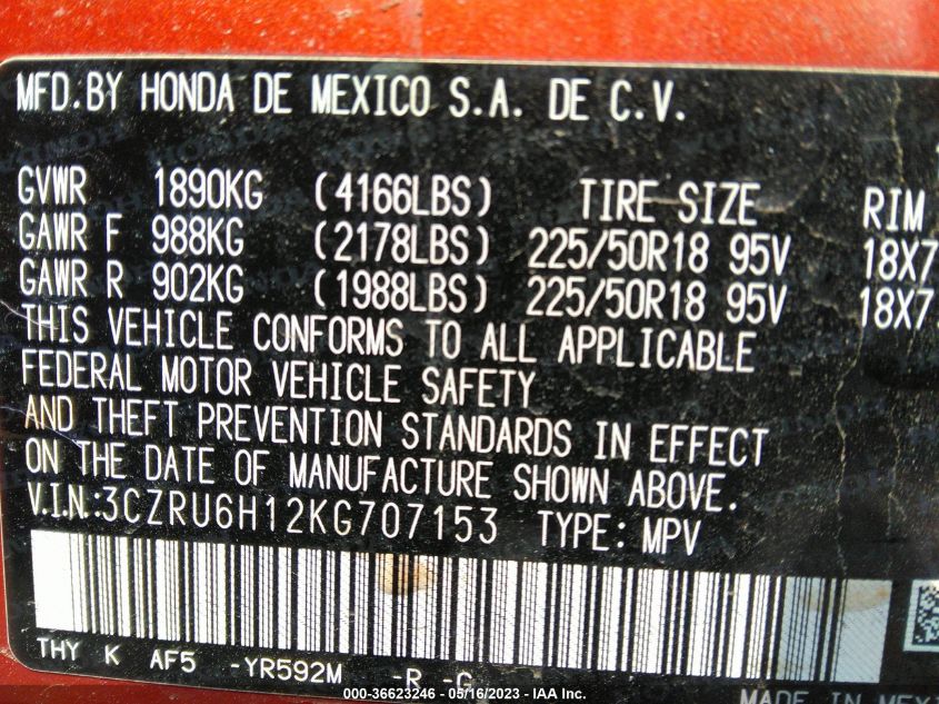 2019 HONDA HR-V SPORT - 3CZRU6H12KG707153
