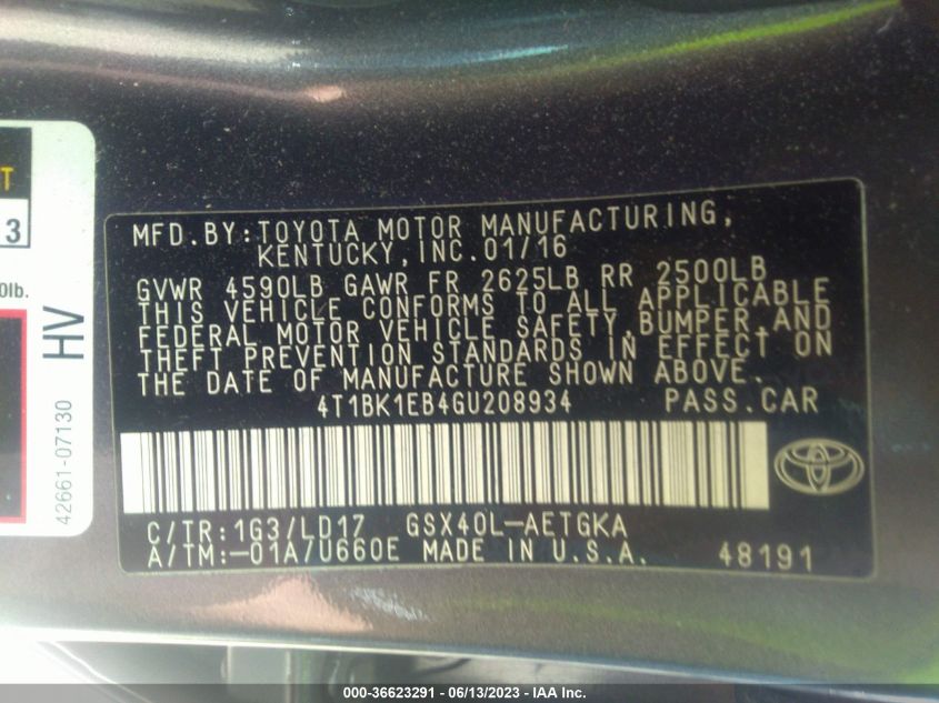 2016 TOYOTA AVALON LIMITED/TOURING/XLE - 4T1BK1EB4GU208934