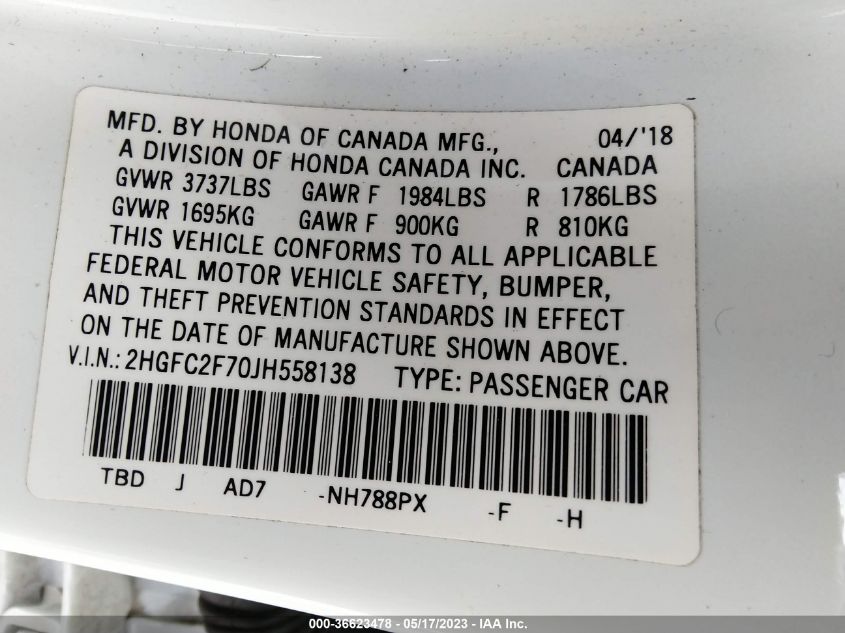 2018 HONDA CIVIC SEDAN EX - 2HGFC2F70JH558138
