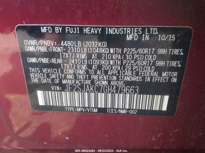 2016 SUBARU FORESTER 2.5I LIMITED - JF2SJAKC7GH479663