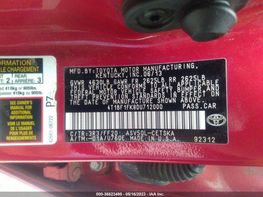 2013 TOYOTA CAMRY L/LE/SE/XLE - 4T1BF1FK8DU712000