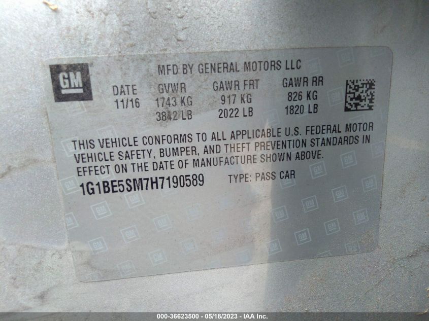 2017 CHEVROLET CRUZE LT - 1G1BE5SM7H7190589
