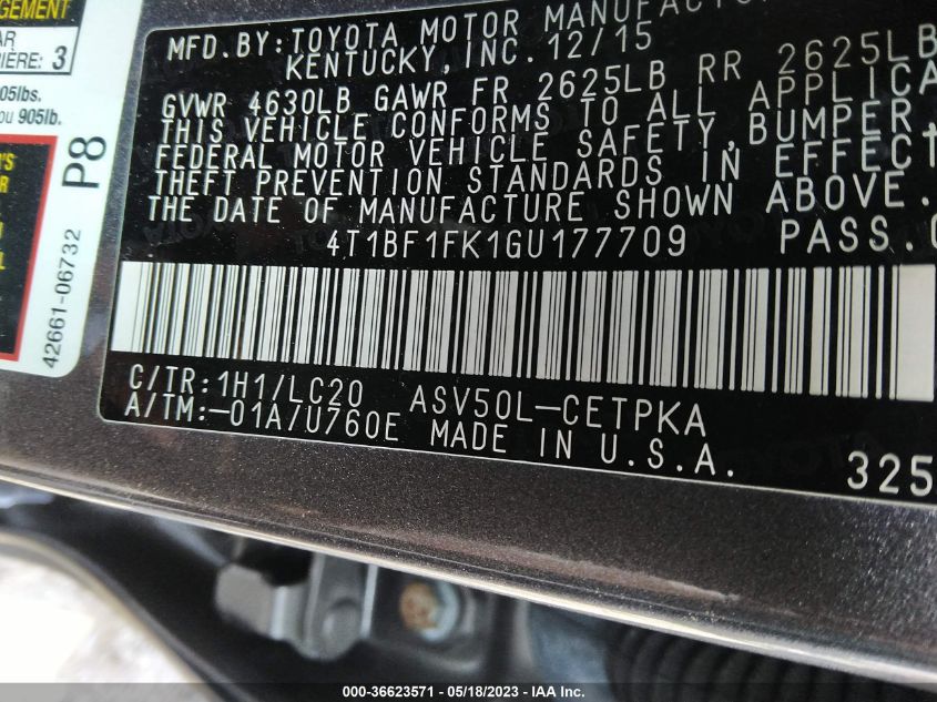 2016 TOYOTA CAMRY XLE/SE/LE/XSE - 4T1BF1FK1GU177709