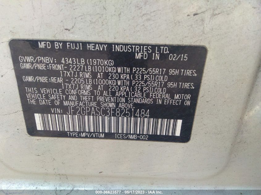 2015 SUBARU XV CROSSTREK LIMITED - JF2GPASC3F8251484