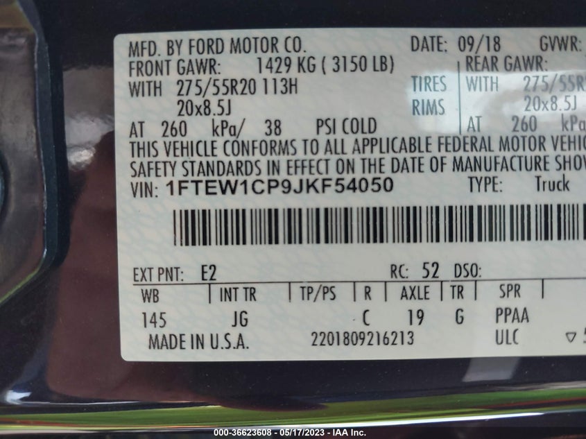 VIN 1FTEW1CP9JKF54050 2018 FORD F-150 XL/XLT/LARIAT