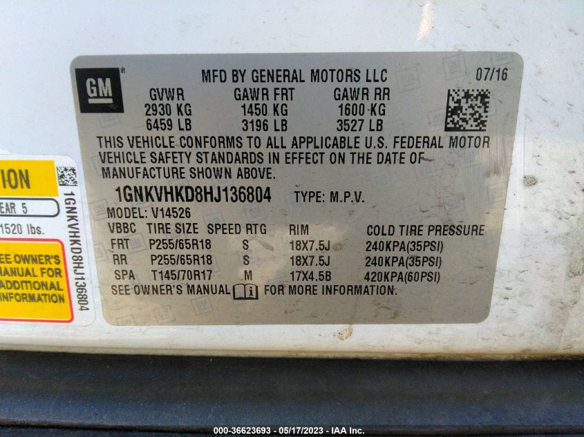 2017 CHEVROLET TRAVERSE LT - 1GNKVHKD8HJ136804