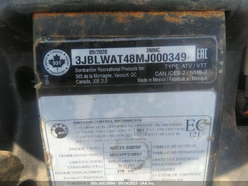 2021 CAN-AM OUTLANDER X MR 570 - 3JBLWAT48MJ000349