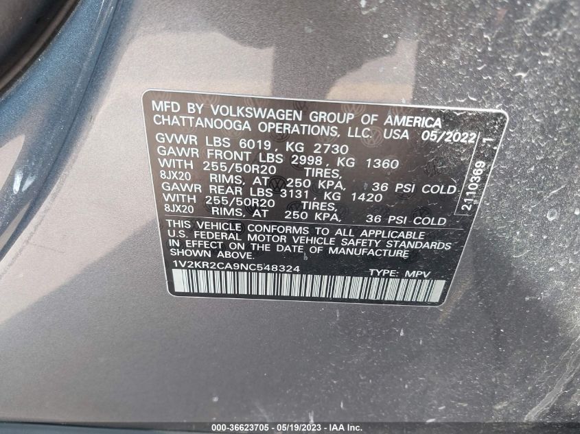 2022 VOLKSWAGEN ATLAS 3.6L V6 SE W/TECHNOLOGY - 1V2KR2CA9NC548324
