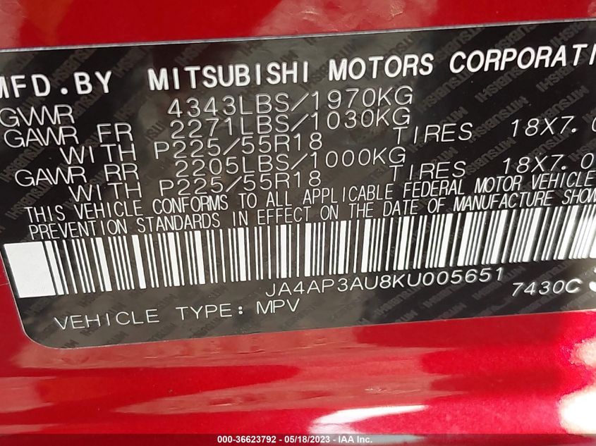 2019 MITSUBISHI OUTLANDER SPORT 2.0 - JA4AP3AU8KU005651