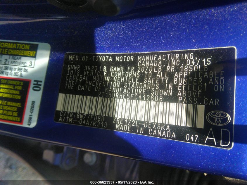 2015 TOYOTA COROLLA L/LE/S/S PLUS/LE PLUS - 2T1BURHE5FC412608