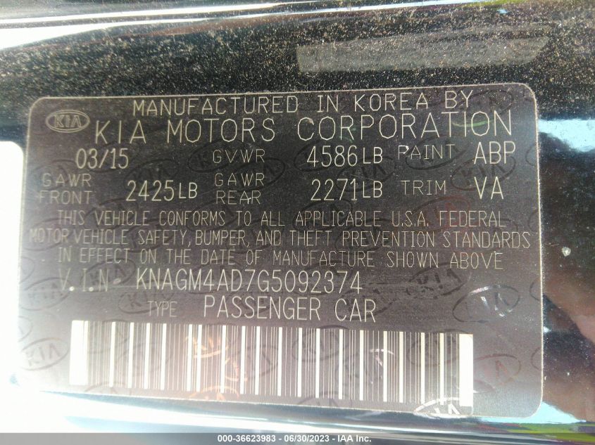 2016 KIA OPTIMA HYBRID - KNAGM4AD7G5092374