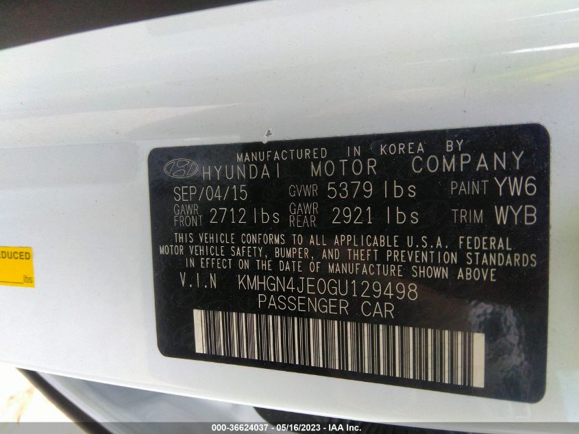 2016 HYUNDAI GENESIS 3.8L - KMHGN4JE0GU129498