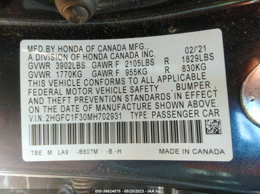 2021 HONDA CIVIC SEDAN EX - 2HGFC1F30MH702931