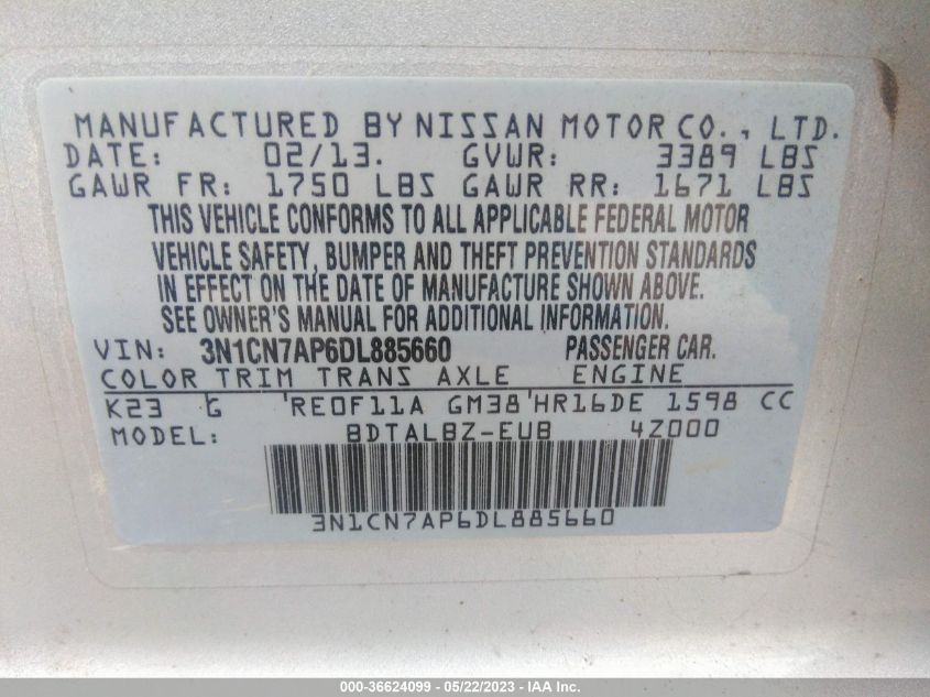 2013 NISSAN VERSA SV - 3N1CN7AP6DL885660