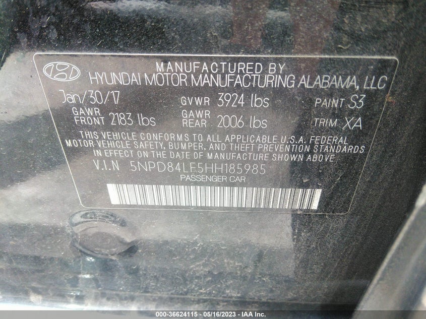 VIN 5NPD84LF5HH185985 2017 HYUNDAI ELANTRA VALUE EDITION