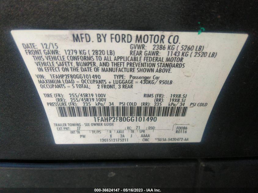 2016 FORD TAURUS LIMITED - 1FAHP2F80GG101490