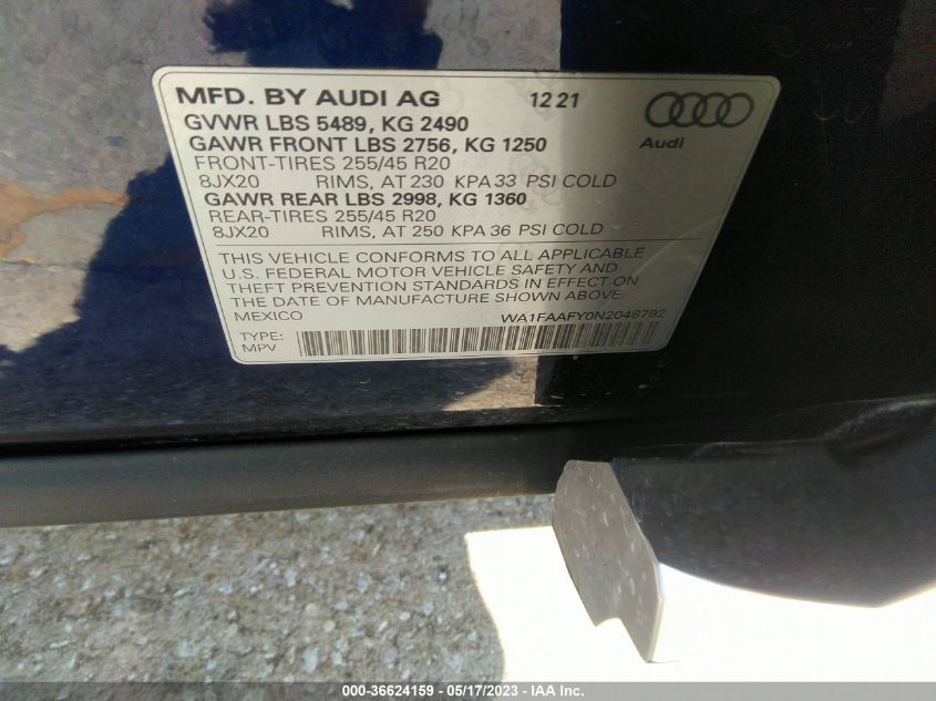 WA1FAAFY0N2048792 2022 AUDI Q5, photo no. 9