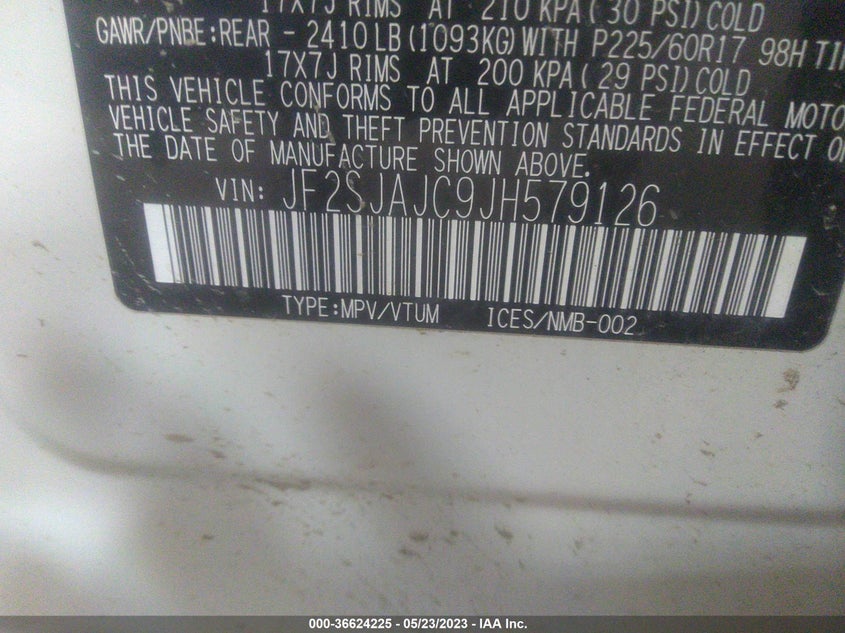 VIN JF2SJAJC9JH579126 2018 SUBARU FORESTER LIMITED