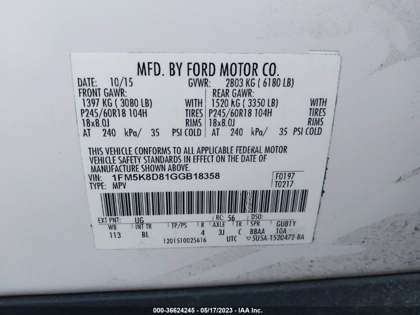 2016 FORD EXPLORER XLT - 1FM5K8D81GGB18358