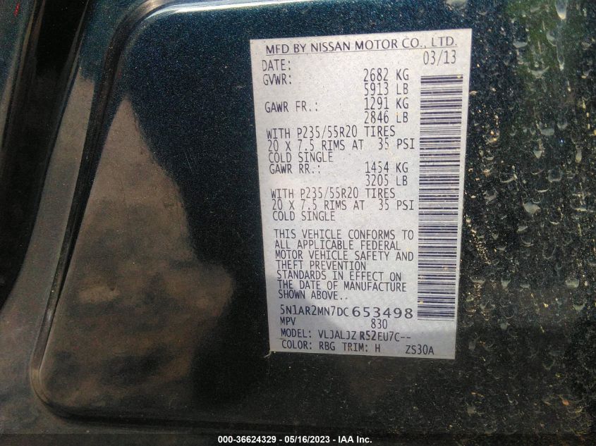 2013 NISSAN PATHFINDER PLATINUM - 5N1AR2MN7DC653498