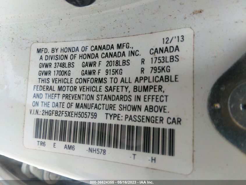 2014 HONDA CIVIC SEDAN LX - 2HGFB2F5XEH505759