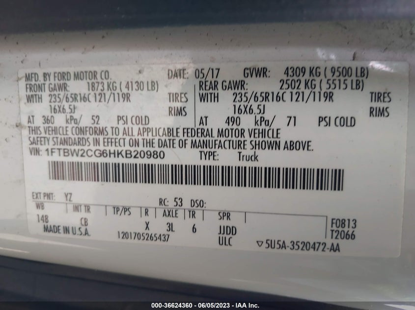 VIN 1FTBW2CG6HKB20980 2017 FORD TRANSIT VAN
