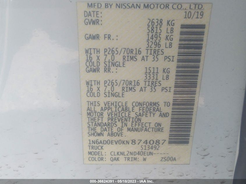 2019 NISSAN FRONTIER SV - 1N6AD0EV0KN874087
