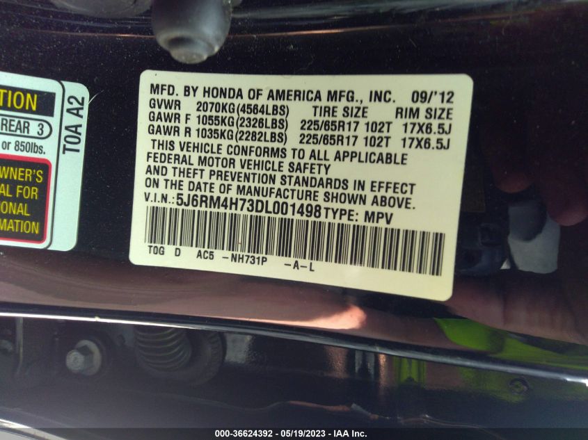 2013 HONDA CR-V EX-L - 5J6RM4H73DL001498