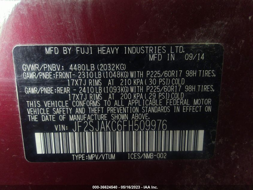 2015 SUBARU FORESTER 2.5I LIMITED - JF2SJAKC6FH509976