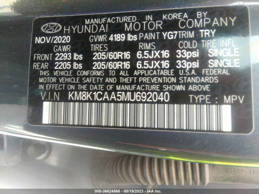 2021 HYUNDAI KONA SE - KM8K1CAA5MU692040