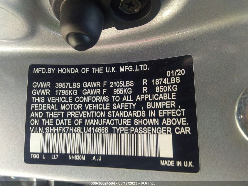 2020 HONDA CIVIC HATCHBACK SPORT - SHHFK7H46LU414666