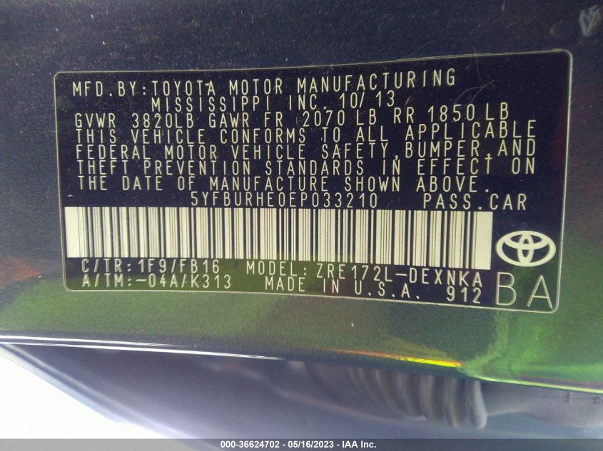 2014 TOYOTA COROLLA L/LE/S/S PLUS/LE PLUS - 5YFBURHE0EP033210