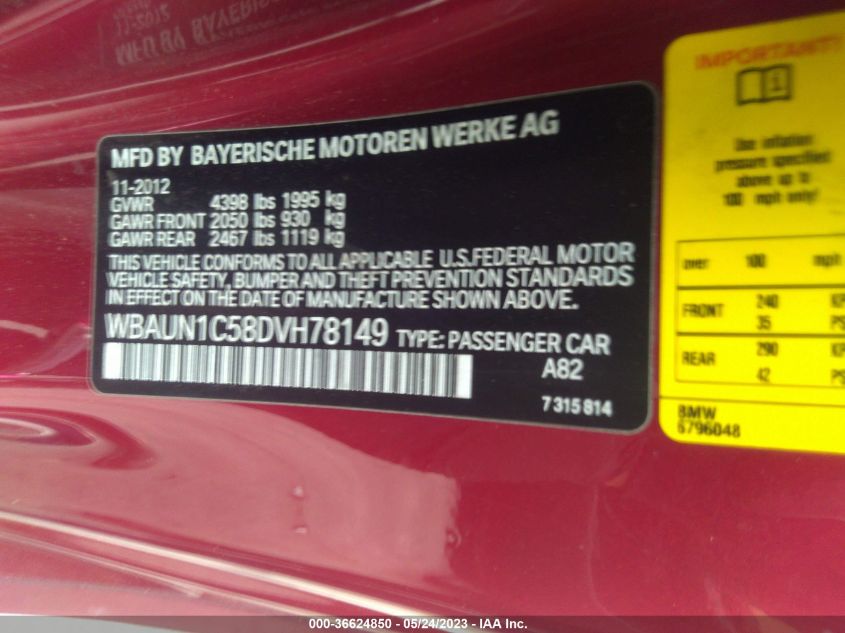 2013 BMW 1 SERIES 128I WBAUN1C58DVH78149