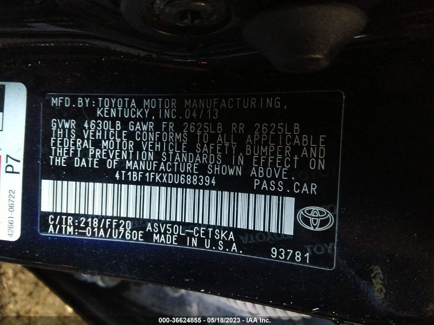 2013 TOYOTA CAMRY L/LE/SE/XLE - 4T1BF1FKXDU688394