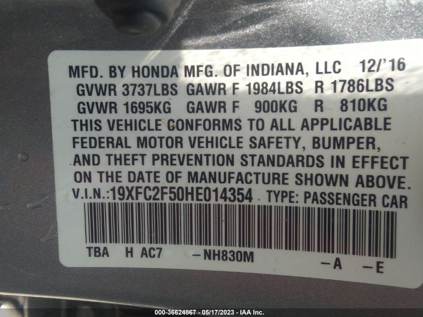 2017 HONDA CIVIC SEDAN LX - 19XFC2F50HE014354