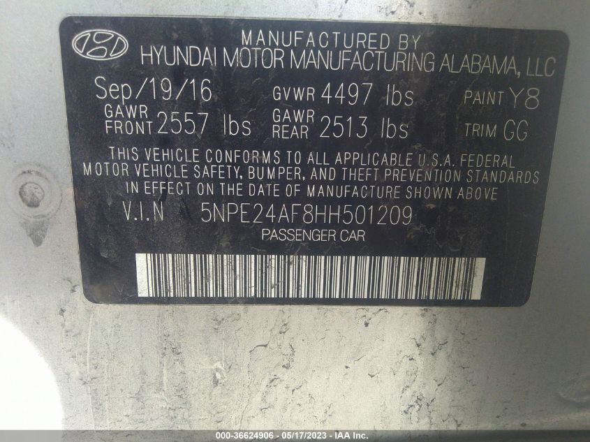 2017 HYUNDAI SONATA 2.4L - 5NPE24AF8HH501209