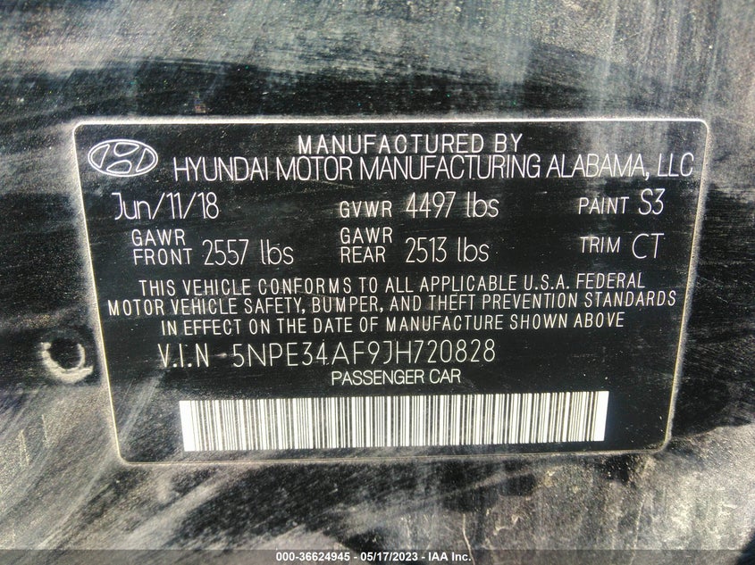 VIN 5NPE34AF9JH720828 2018 HYUNDAI SONATA SEL+