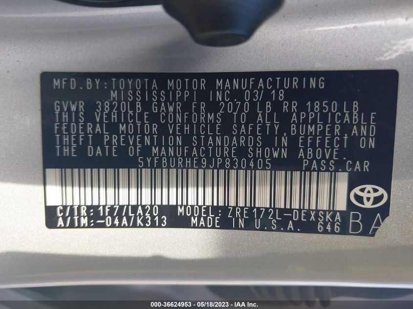2018 TOYOTA COROLLA L/LE/XLE/SE/XSE - 5YFBURHE9JP830405